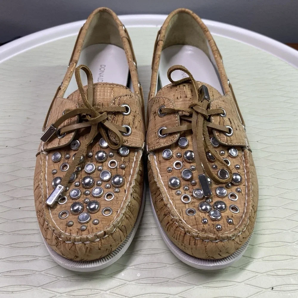 Donald J. Pliner Tan Cork Women's Boat Loafer Shoes with silver Buttons‎ Sz.5.5M
